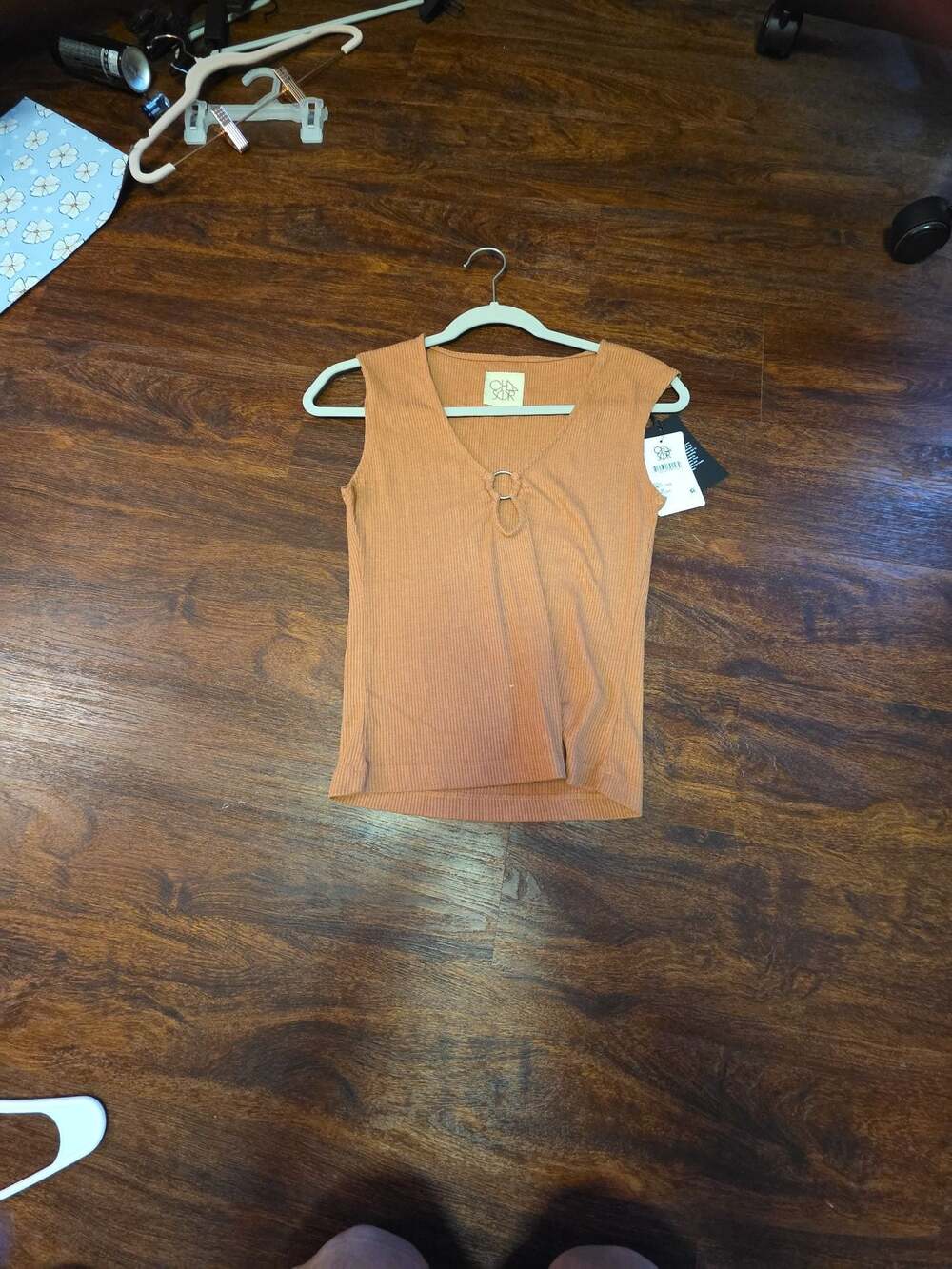 Chaser Sunkissed Ribbed V-Neck Tank Top with O-Ring Detail Size XS